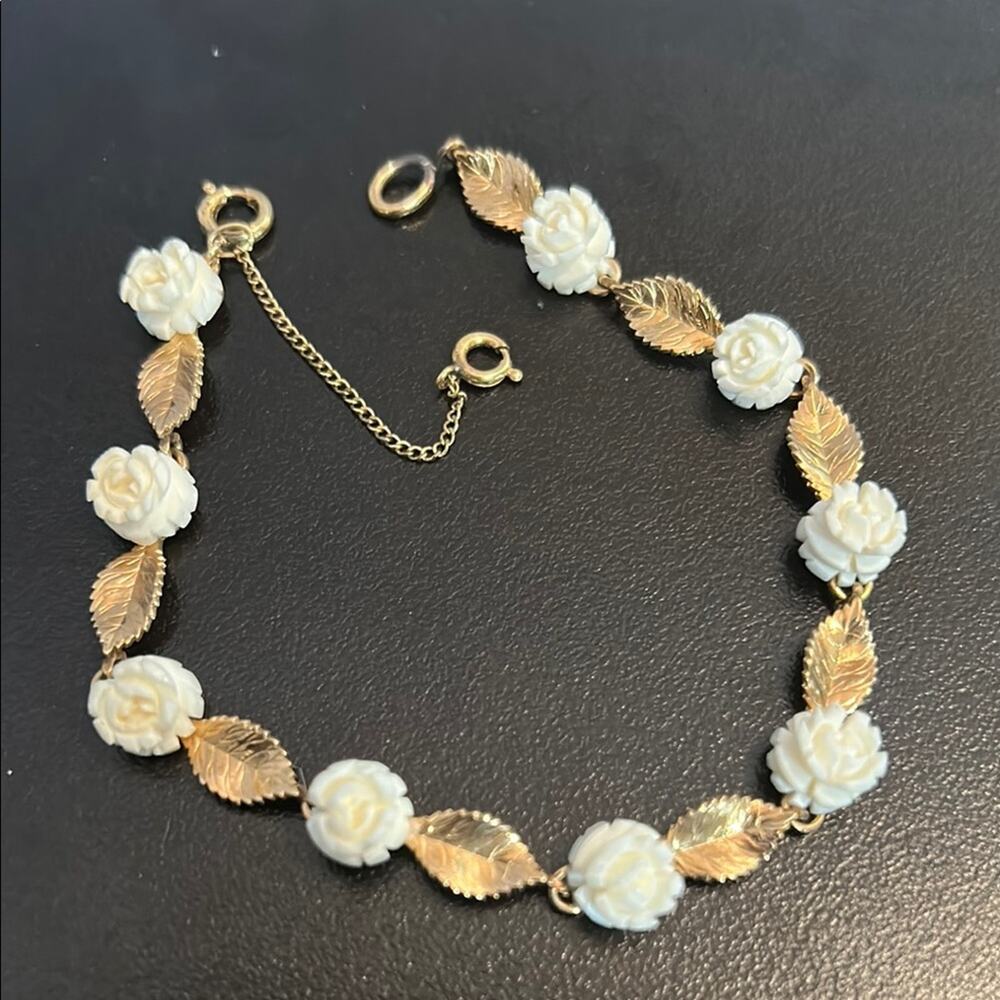 Vintage 12Kt GF bracelet gold leaf white rose #186 w safety chain 7.5” signed